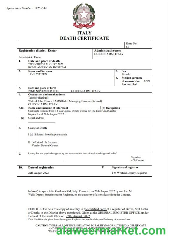 Italy vital record death certificate Word and PDF template